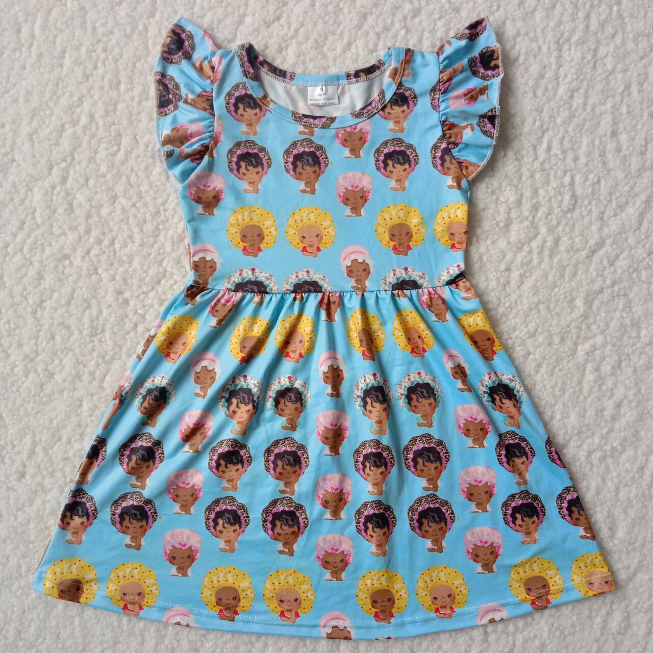 Curly hair kid light blue flying sleeve dress 卷发小孩浅蓝色飞袖裙