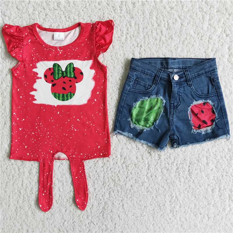 D12-3 Watermelon Mickey denim shorts set