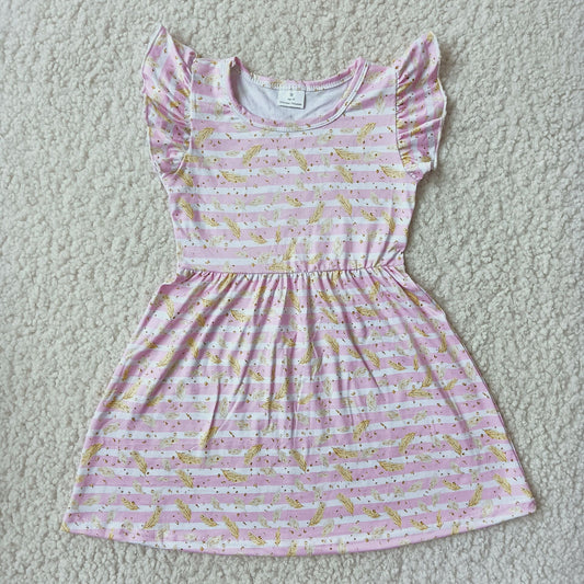 Gold leaf pink striped flying sleeve dress 金色叶子粉条纹飞袖裙