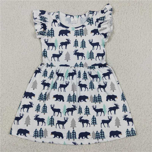 Fawn Bear Pine Tree Checkered White Flying Sleeve dress 小鹿狗熊松树方格白色飞袖裙