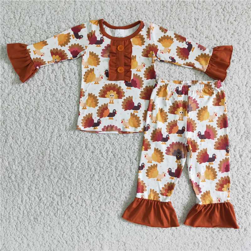 RTS NO MOQ Maple Leaf Turkey Print Button Pullover Boys & Girls Long Suit