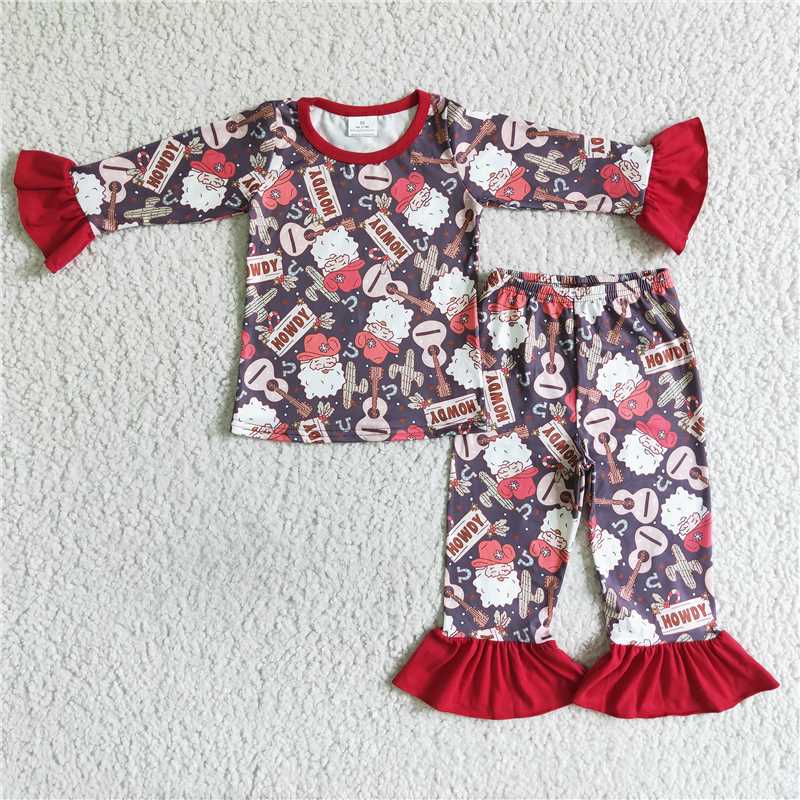 RTS NO MOQ 6 A6-14 6 B4-25 Red Christmas musical instruments pattern boys and girls long sleeve suit