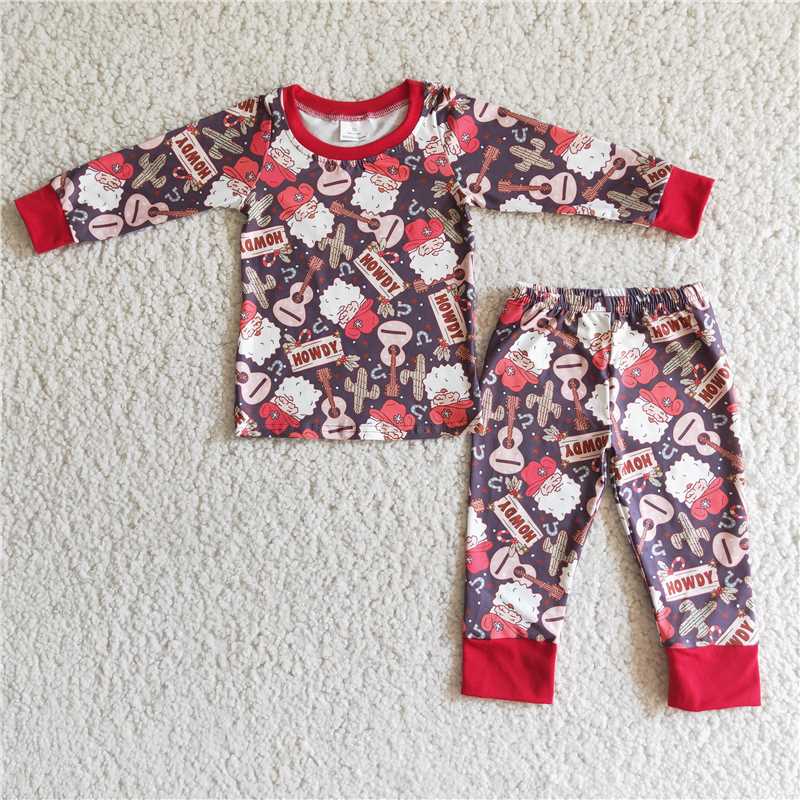 RTS NO MOQ 6 A6-14 6 B4-25 Red Christmas musical instruments pattern boys and girls long sleeve suit