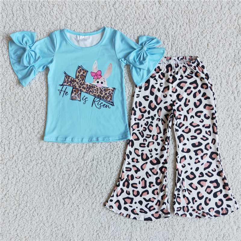 E5-1  Easter cross blue short-sleeved leopard print bell bottoms