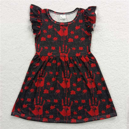 Red handprinted black and white dot flying sleeve dress 红色手印黑白点飞袖裙