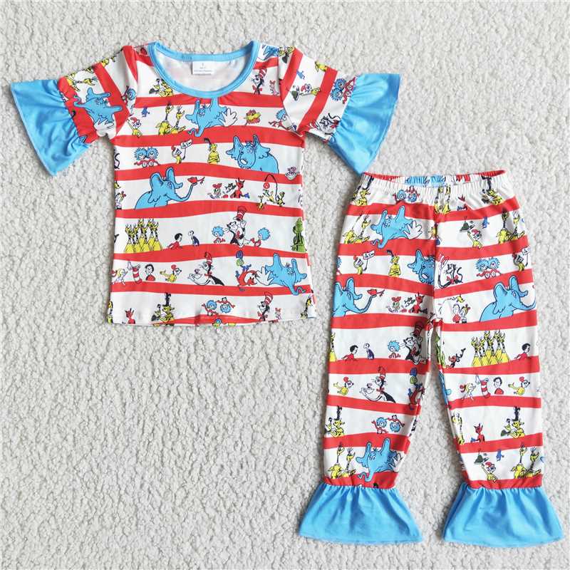 E5-11 Girls Elephant cartoon short-sleeved long pants pajamas