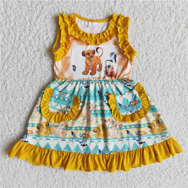 E13-5 Cartoon Lion Pocket Yellow Sleeveless Dress