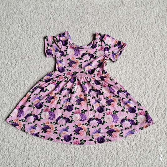 RTS SALES NO MOQ G4-7-1*'\/Purple Flower Pink Short Sleeve Dress