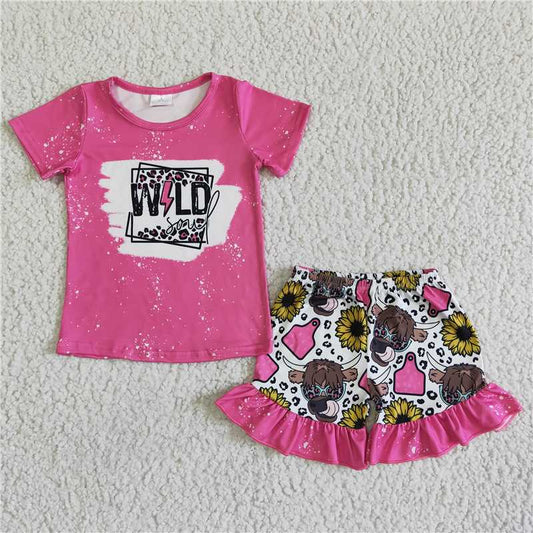 rts no moq GSSO0067 Girls' letter rose red short-sleeved bull head flower lace shorts suit