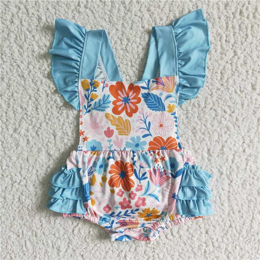 RTS NO MOQ  SR0037Girls blue flying sleeves floral bodysuit