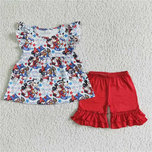 GSSO0094 Girls Mickey Donald Duck flying sleeves red lace shorts set