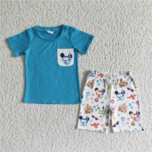 BSSO0038 Boys Blue Pocket Short Sleeve Cartoon Castle Short Set