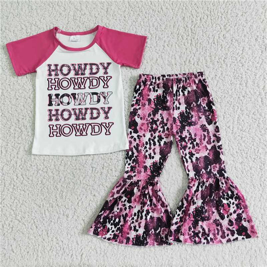 GSPO0018 Howdy pink short sleeve cow print flared pants