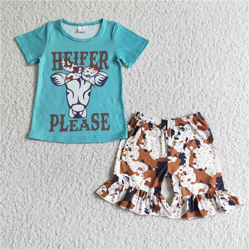 GSSO0031 heifer please bull head blue short-sleeved ink pattern shorts suit F5-1