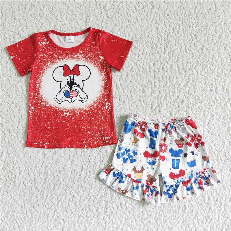 rts no moq GSSO0110  Girls Red Mickey Castle Short Sleeve Shorts Set