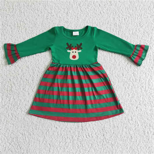 RTS NO MOQ GLD0014 Christmas embroidered deer green striped long-sleeved dress