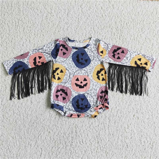 LR0048 Halloween Pumpkin Tassel Long Sleeve Bodysuit