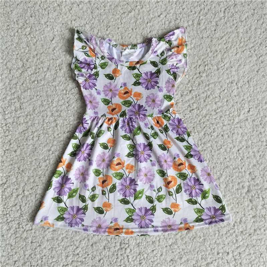 RTS SALES NO MOQG4-3-7,'* Orange and purple flower and green leaf flying sleeve dress