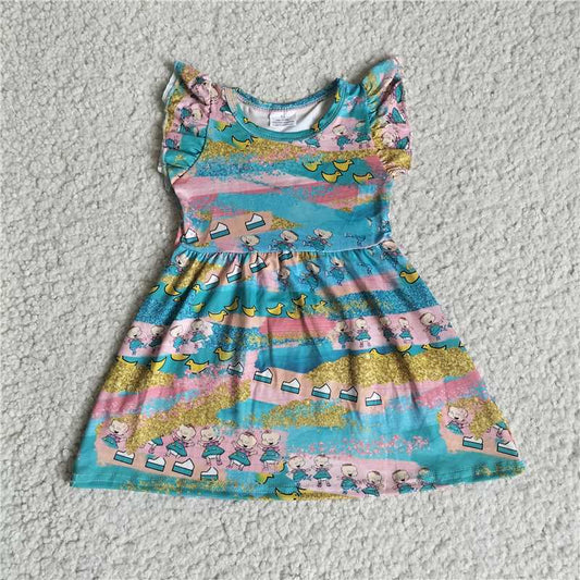 RTS SALES NO MOQ G4-3-7.*; Blue and pink mixed color flying sleeve dress for boys and girls