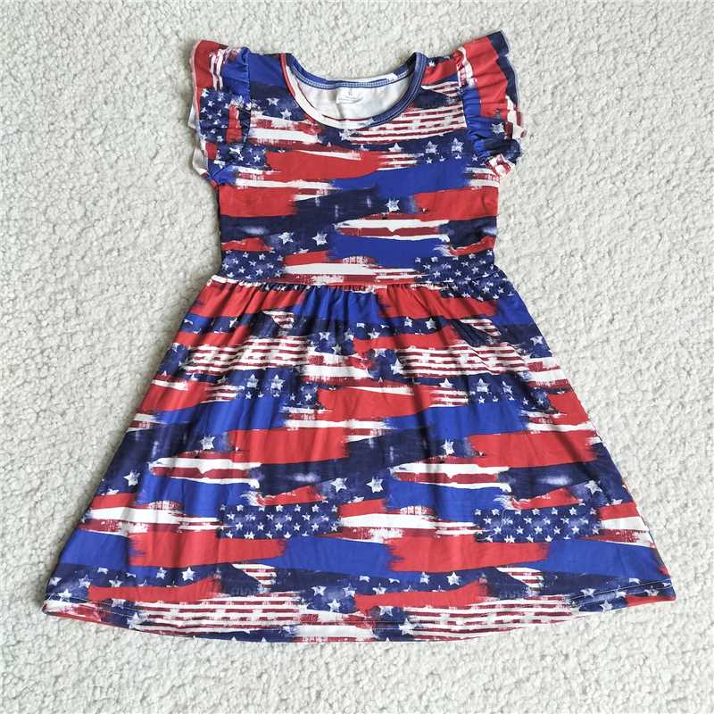 RTS SALES NO MOQ G4-3-7*;.; Red, blue and white mixed color graffiti flying sleeve dress