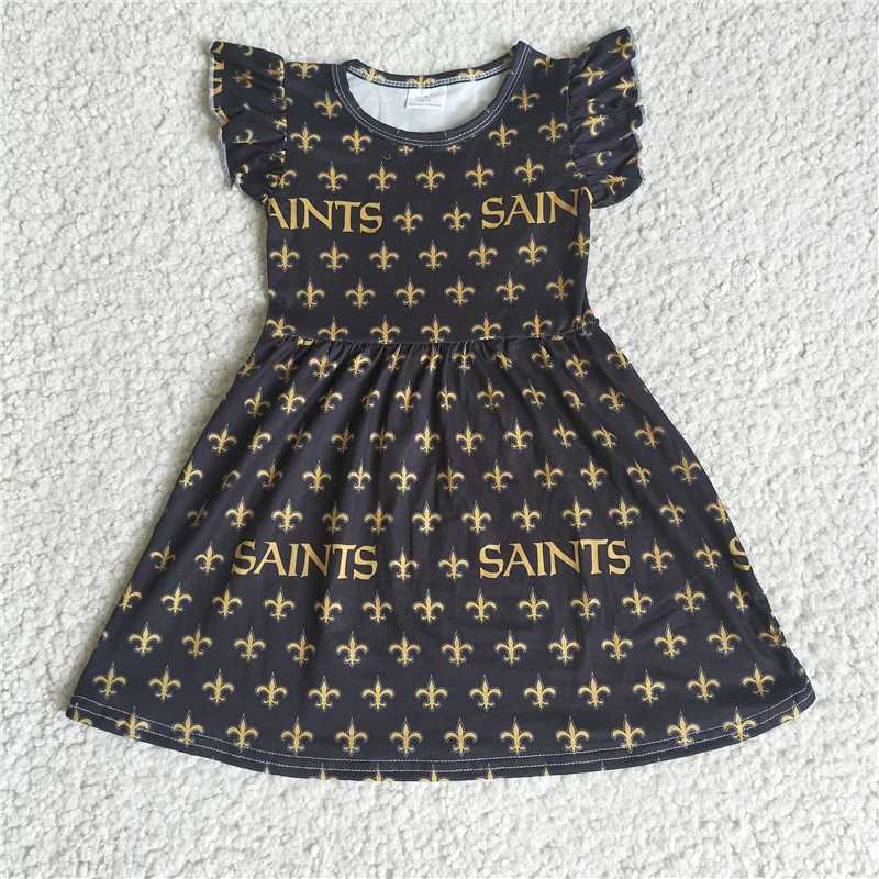 RTS SALES NO MOQ G4-3-7*.' Black flying sleeves dress with yellow letter pattern