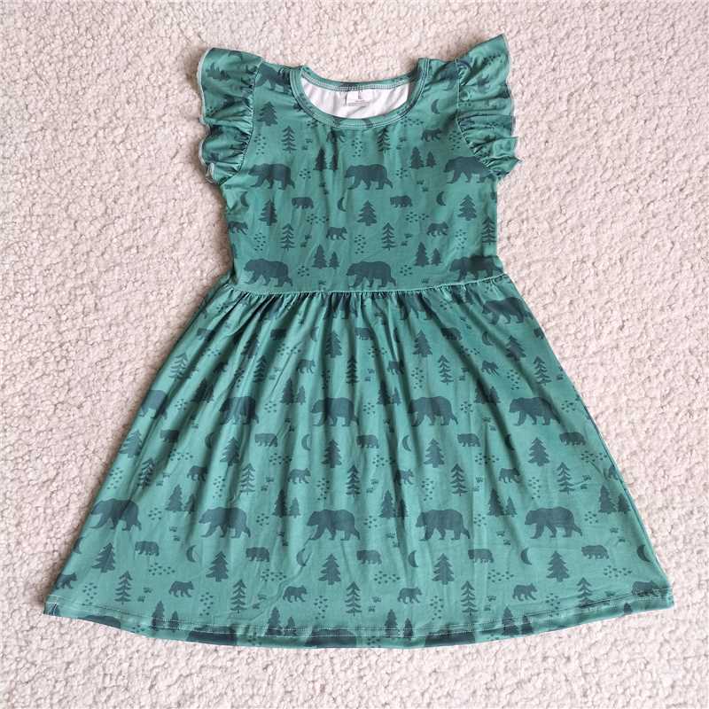 RTS SALES NO MOQ G4-11-8*' Dark green flying sleeves dress with bear footprints