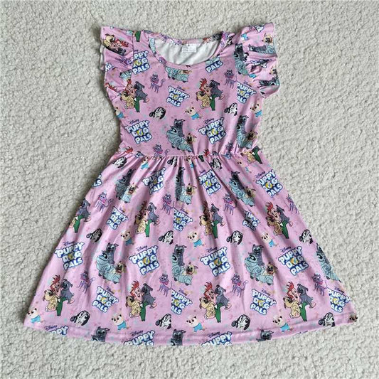 RTS SALES NO MOQ G4-11-8;*. Pink dog and cat lettering lilac flying sleeves dress