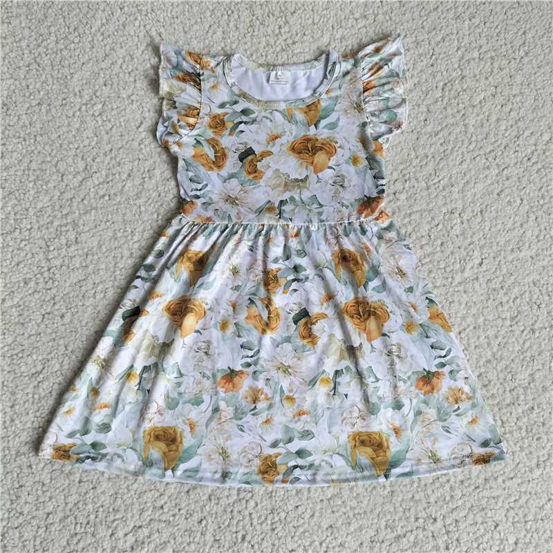 RTS SALES NO MOQ G4-11-8*'. Yellow rose leaf flying sleeve dress