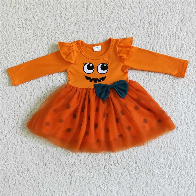 RTS NO MOQ ETA 5/7days arrived GLD0019 Halloween Embroidered Smiley Orange Mesh Long Sleeve Dress