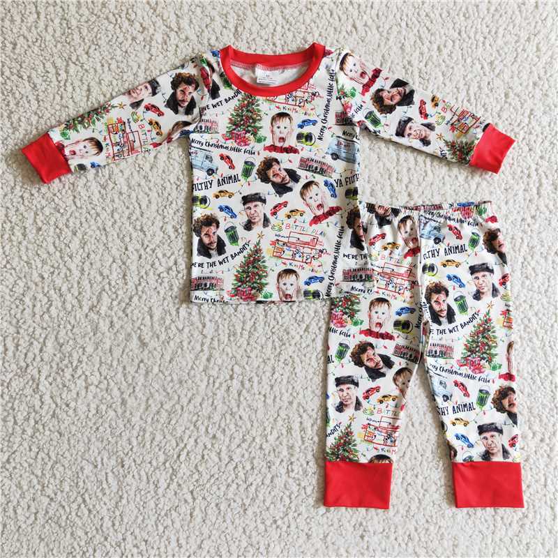 RTS NO MOQ BLP0113+P0235 Baby Boys and Girls Boys & Men Christmas Tree Pattern White Long Sleeve Pants Set & Flared Pants