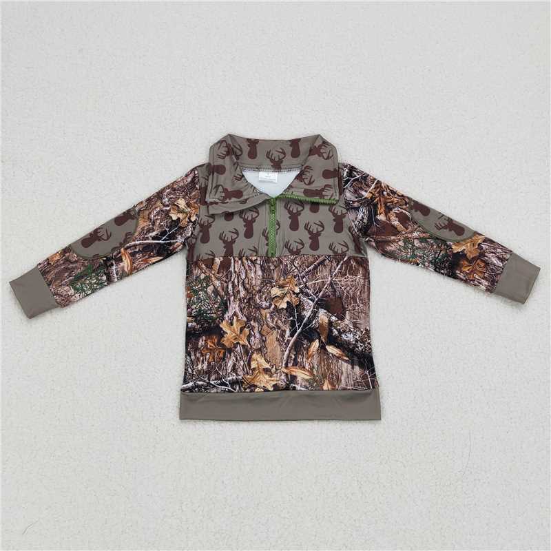 RTS NO MOQ Brown long-sleeved top & short-sleeved shirt & hoodie & short-sleeved pants set with dead leaves and branches