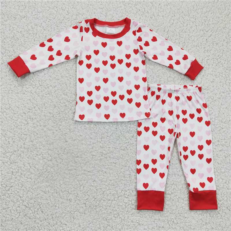 RTS NO MOQ Baby Girls Pink Valentine's Day Heart Pattern Long Sleeve Long Pants Pajama Set