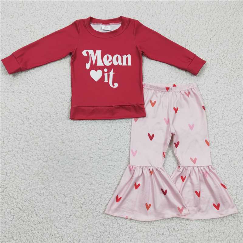 RTS NO MOQ  Baby Girls Valentine Love red Top Pants Clothes Sets