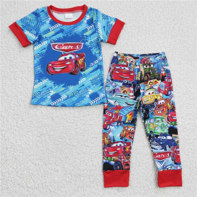 RTS NO MOQ Cartoon Trucks Short Sleeve Pants Set & Long Sleeve Pants Set