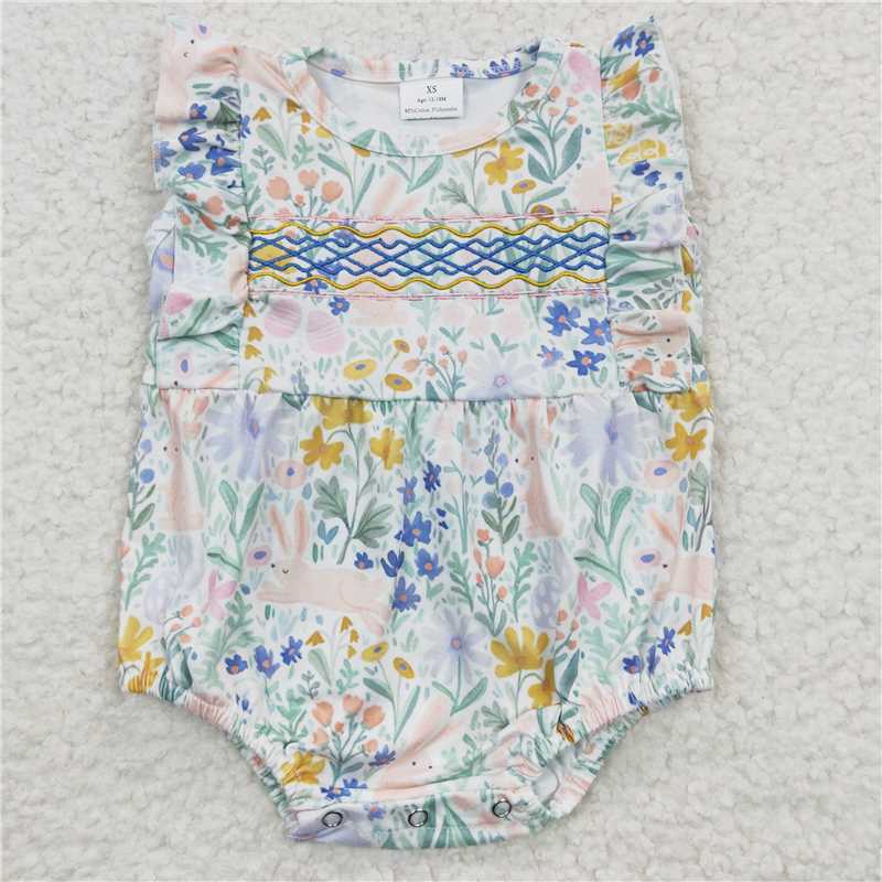 RTS baby girls clothes embroidery bunny floral short Sleeve dress romper