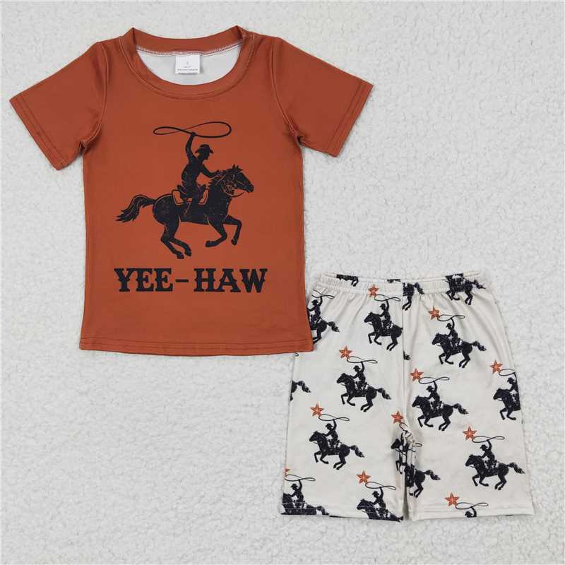 RTS NO MOQ Baby boy clothes riding horse Short Sleeve shorts Suit