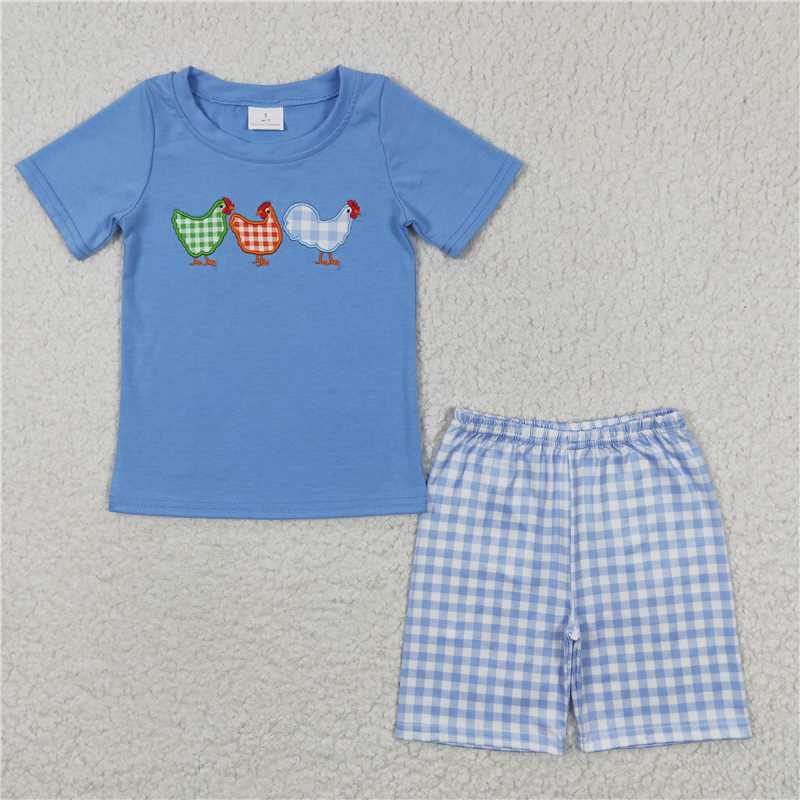 RTSEmbroidery BSSO0201  Boys Blue Short GSSO0211、SR0285 Sleeve Plaid Shorts Set with Embroidered Rooster