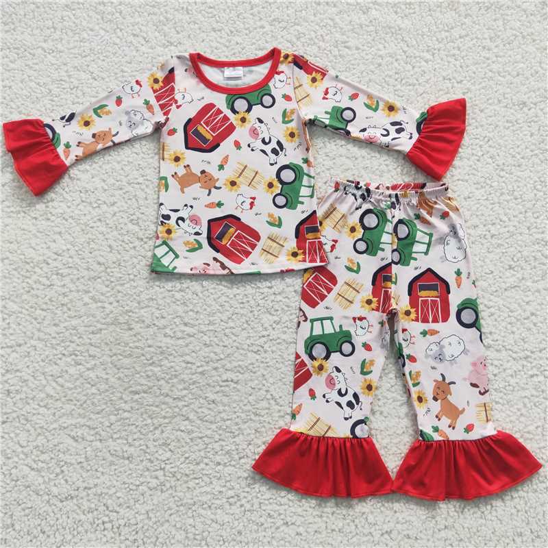 GLP0488 Farm red house cow pig sheep animal red lace long-sleeved trousers suit