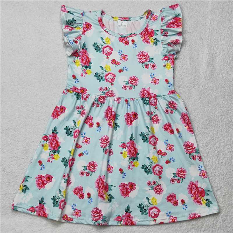 Pink flower blue leaves light blue flying sleeve dress 粉色花蓝色叶子淡蓝色飞袖裙