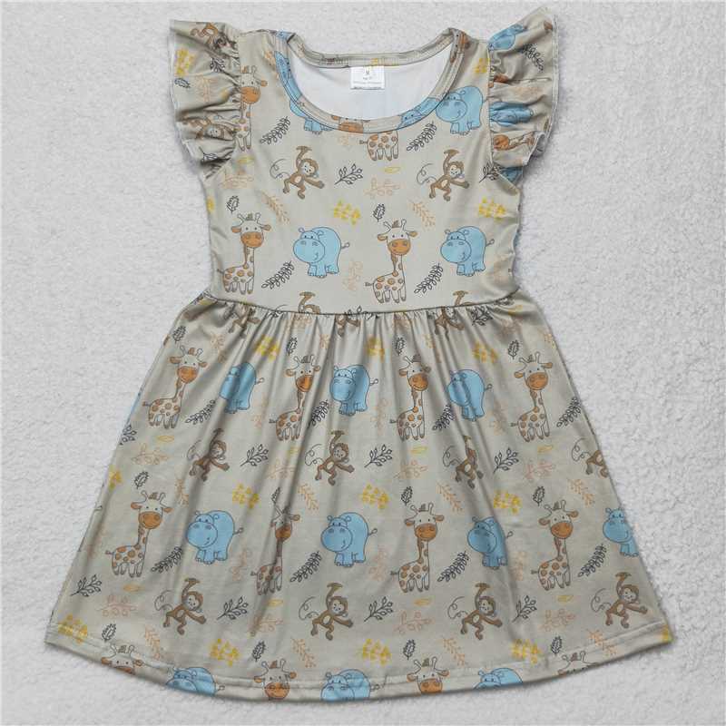 Hippo Giraffe Dark Green Flying Sleeve Dress 河马长颈鹿墨绿色飞袖裙