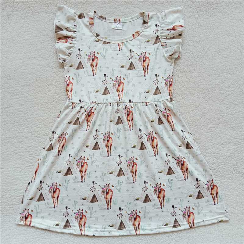 Horse flower cactus white flying sleeve dress 马儿花朵仙人掌白色飞袖裙