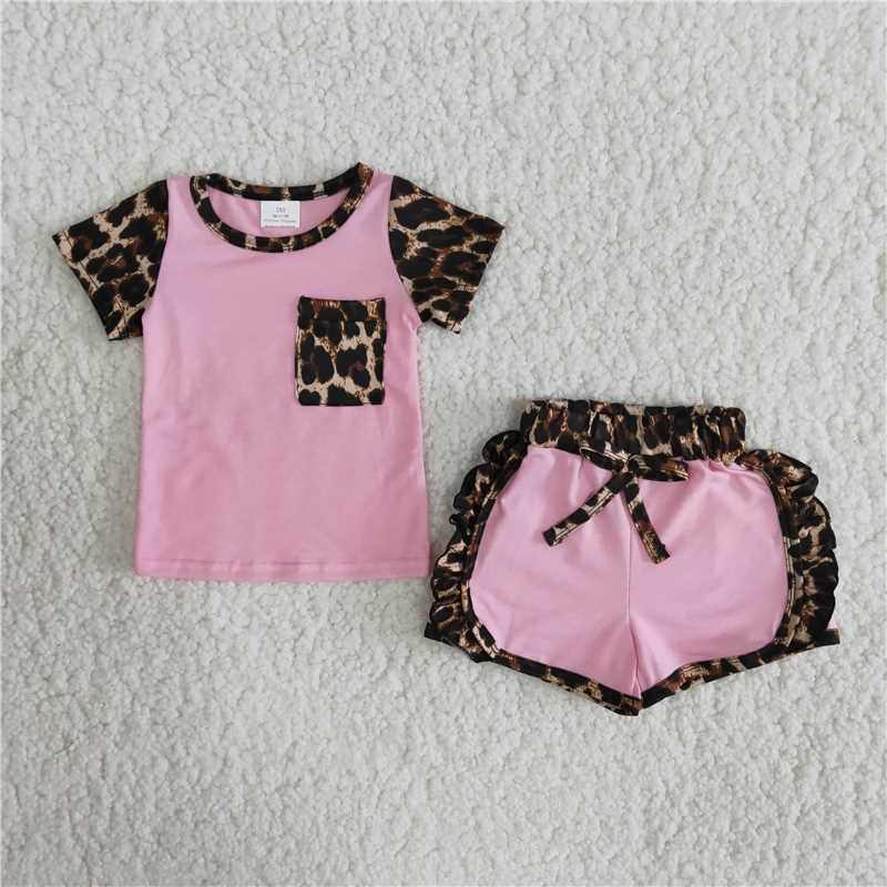 RTS no moq C1-21 +C4-12  Pink Leopard Print Pocket Tie Trousers Set Black lace-up shorts with leopard pockets