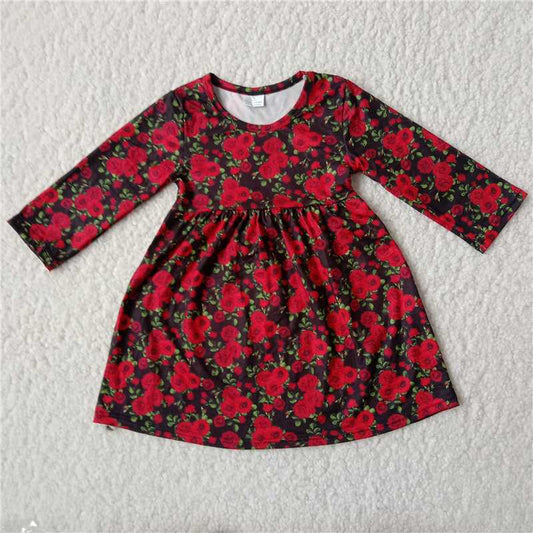 RTS NO MOQ SALES  G2-16-3/. Red rose long-sleeved dress with black background