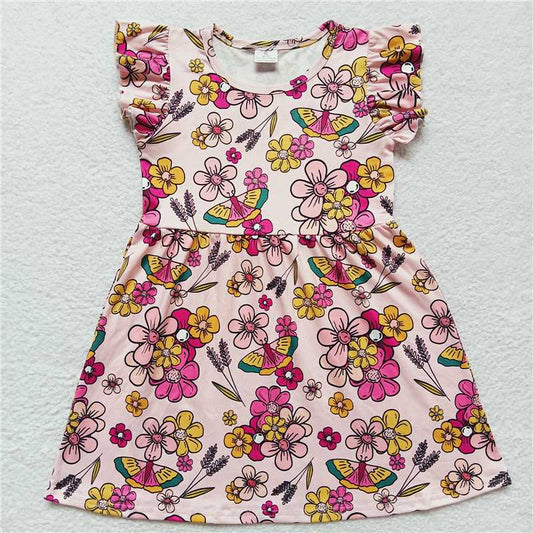 RTS SALES NO MOQ G1-7-2*;’ Colorful peach blossom butterfly pink flying sleeve dress