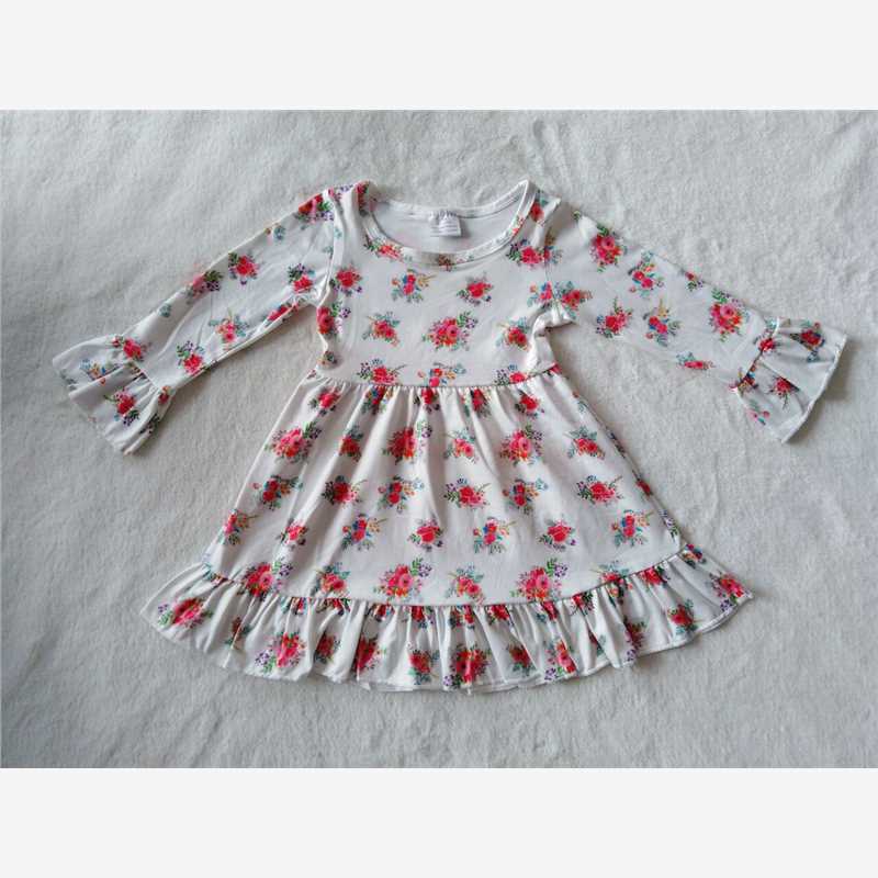 RTS NO MOQ SALES  G2-14= Red flower and leaf white long-sleeved dress