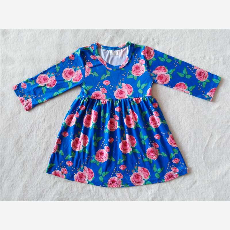 RTS NO MOQ SALES  G2-16-3; Pink flower blue long-sleeved dress