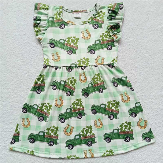 RTS SALES NO MOQ G1-7] Green Truck Clover Flying Sleeve Dress