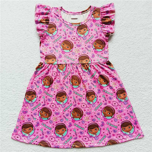 RTS SALES NO MOQ G1-7; Little black girl pink flying sleeve dress