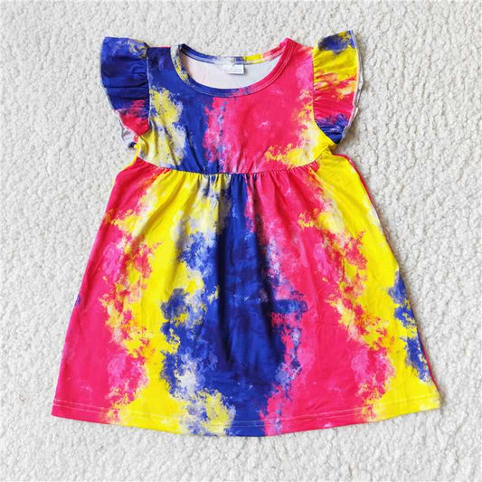 RTS SALES NO MOQ G.3-10* Red, yellow and blue tie-dyed flying sleeves dress