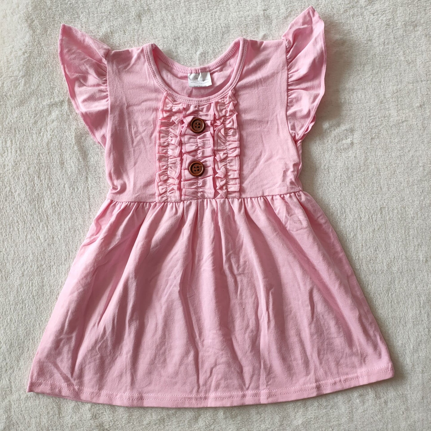 RTS SALES NO MOQ G4-11-9 Pink lace wooden button flying sleeve dress